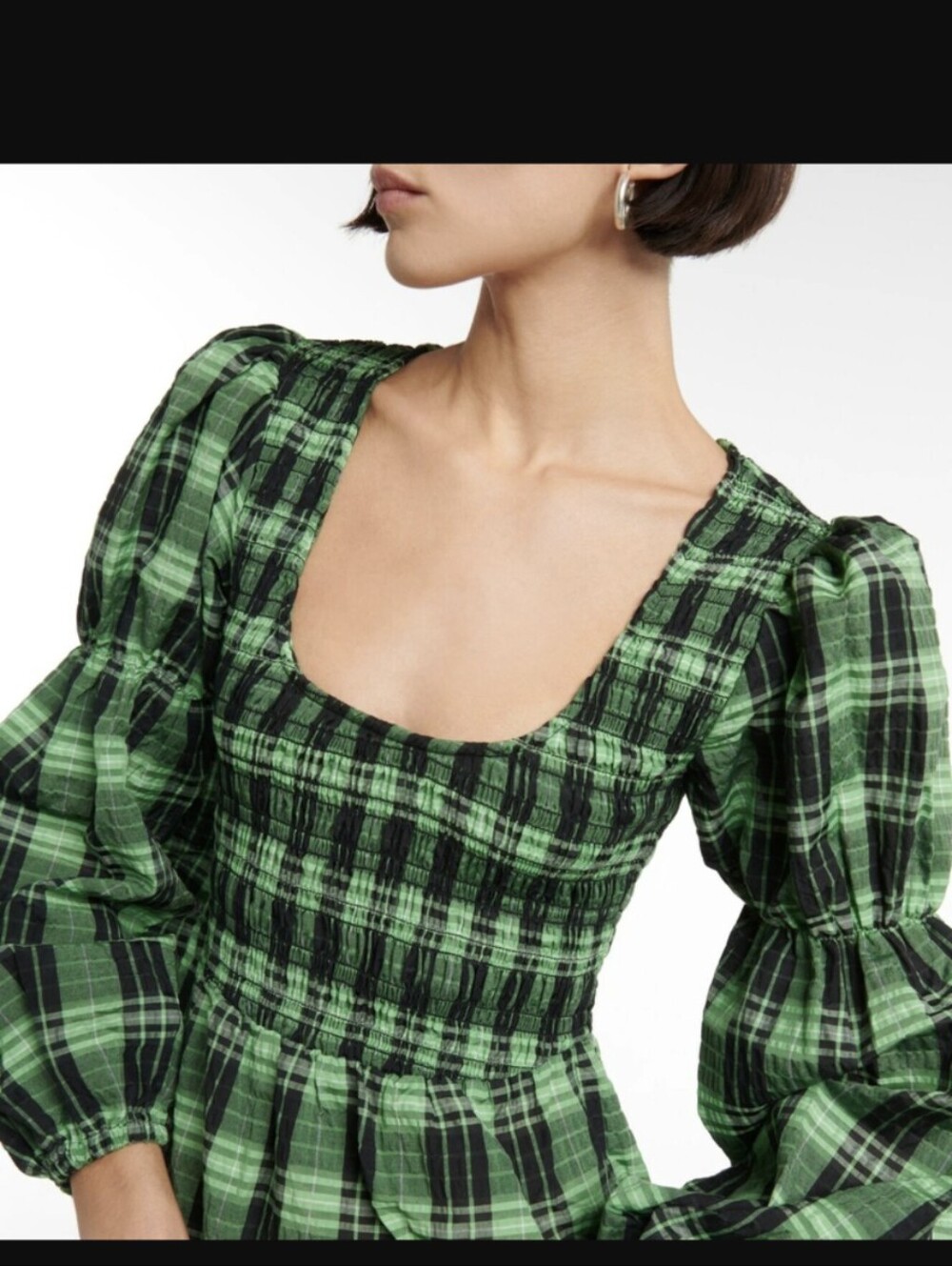 Ganni Green Black Plaid Smocked Maxi Dress Size 34 Cotton Europe Summer Long - Picture 2 of 10